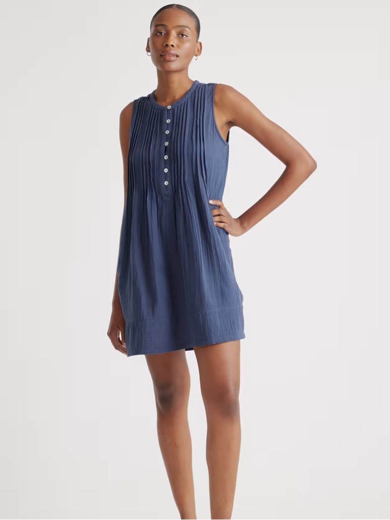 Quince 100% Organic Cotton Gauze Sleeveless Swing Dress Blue | Size L